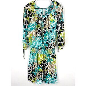 NWT Vintage Cache Geometric Fit‎ and Flare Open Sleeve Dress Blue Green Black L